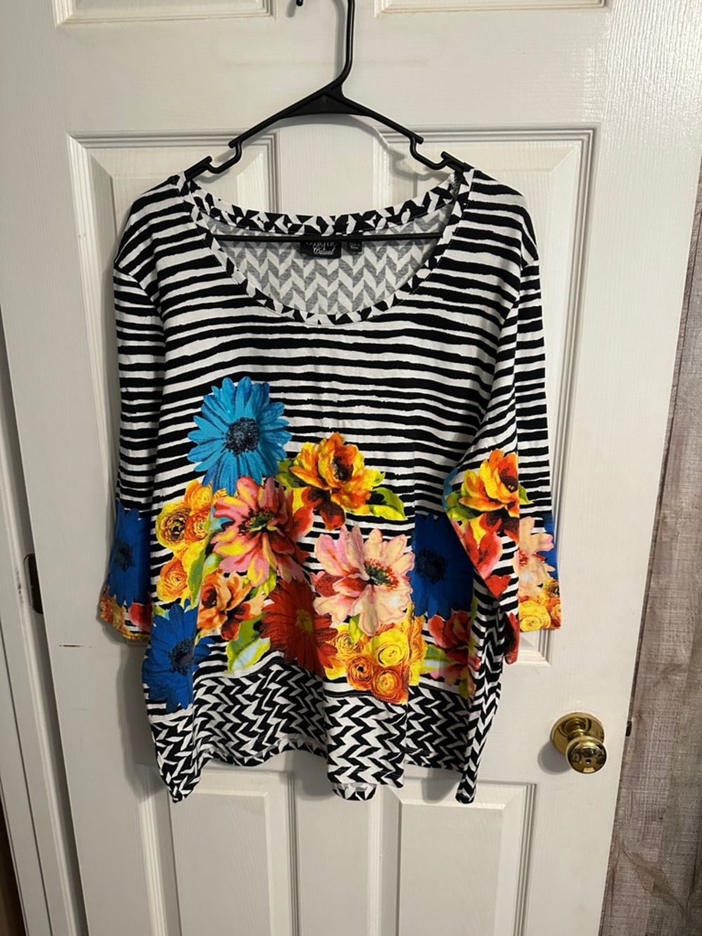 Onque Casuals Black & White Striped Tunic with Bright Floral Border